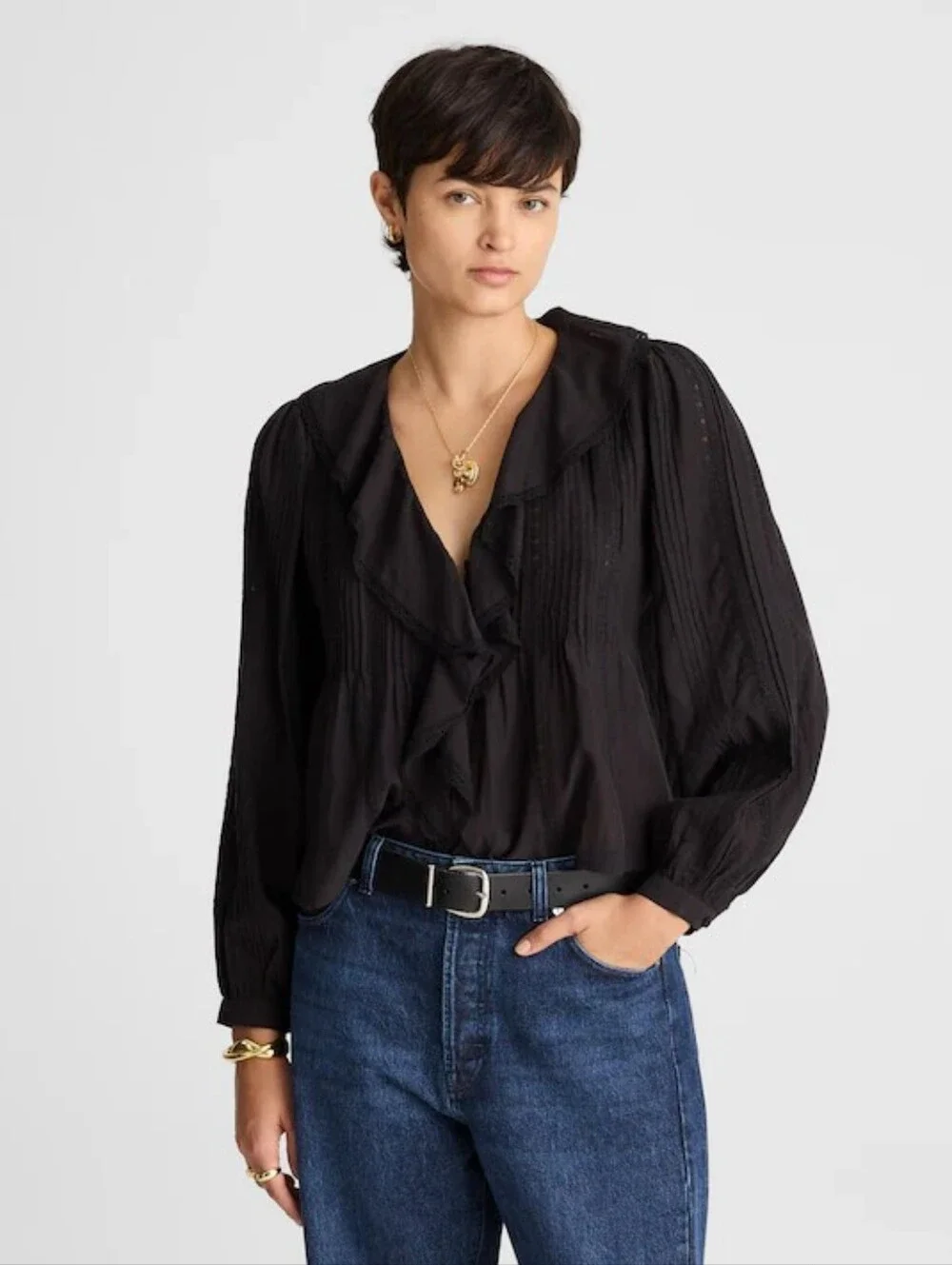 NWT Madewell Lace-Insert Ruffled Pintuck Long-Sleeve Top Size XL - Picture 1 of 9
